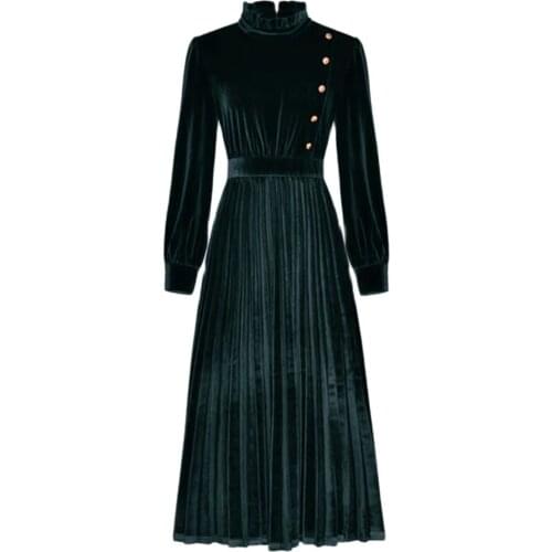 Banulin Fashion Runway Velvet Pleated Midi Long Dress Vintage Elegant Button Pleated Velvet Party Dresses Lady Work Plus Size