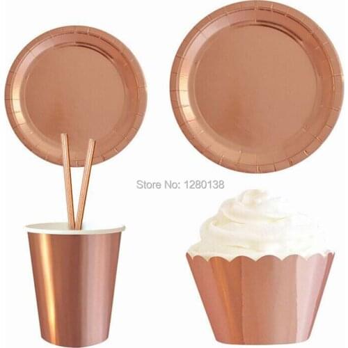 Shiny Rose Gold Paper Plates Paper Cups Drinking Straws Cake Wrappers Tableware Bachelorette Party Baby Shower Supplies