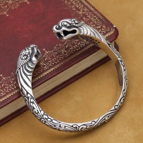 Handmade Thai Silver Lucky Animal Bangle 925 Sterling Silver Man Cuff Bracelet Real Silver Dragon Bangle PUNK Jewelry Gift