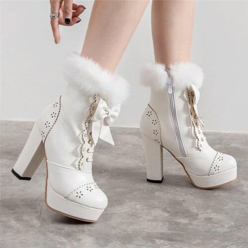 COOLULU Lolita Shoes 2020 Winter Boots Women Shoes Block High Heel Ankle Boots Platform Lace Up and Zipper Women Kawaii Boots