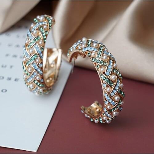 Double c Metal hoop earrings Bling Bling ear rings with mini pearl blue green Crystal Rhinestone for women luxury Circle Earring