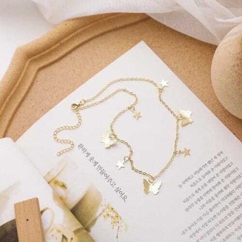 Fairy Vintage Gold Color Metal Butterfly Necklace Retro Star Chains Pendant Choker Necklaces for Women Wedding Party Jewelry