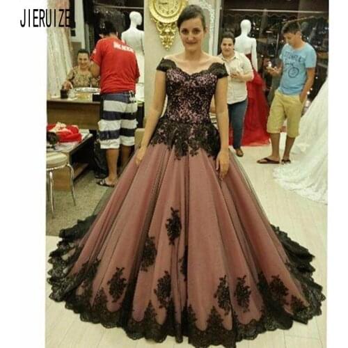 JIERUIZE champagne and black lace Wedding Dresses Off Shoulder Short Sleeves Lace Up Back Black Appliques Bridal Gowns