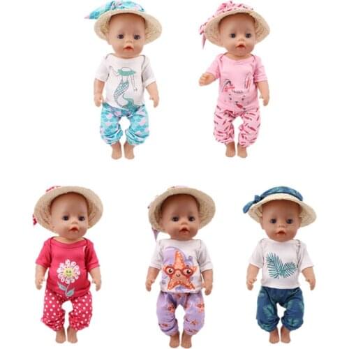 Doll clothes Cartoon Summer Leisure Four-Piece Set = T-shirt + Trousers+ Hat + Headscarf For 18 Inch American&43Cm Baby New Born
