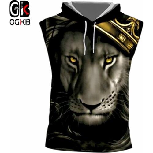 OGKB Crown Lion King Printed 3D Tank Top With Hood Men Women Hiphop Punk Bodybuilding Fitness Casual Sleeveless Shirts Hoody 7xl