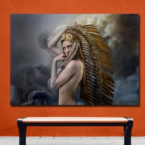 Nordic Posters and Prints Indians Women Feather Canvas Painting Wall Pictures For Home Wedding Decor For Living Room Unframed