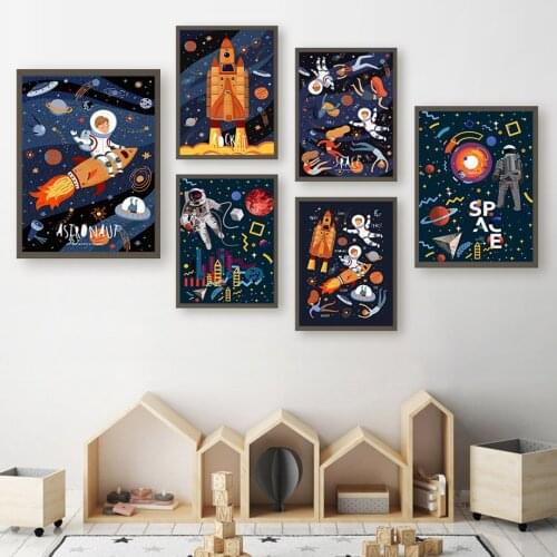 Rocket UFO Planet Astronaut Galaxy Cartoon Wall Art Canvas Painting Nordic Posters And Prints Wall Pictures Baby Kids Room Decor