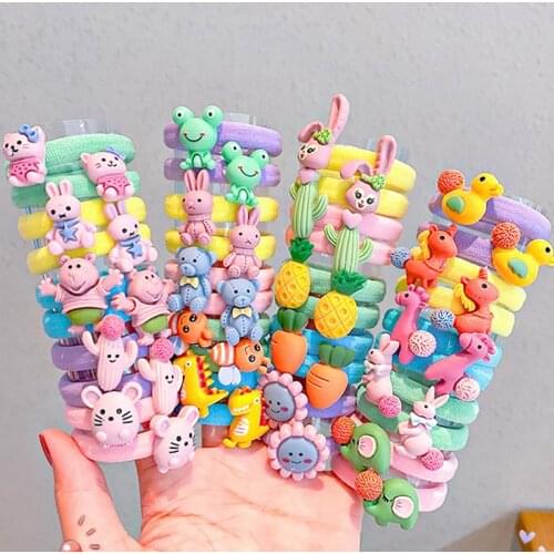 10Pcs/Sets Children Cute Candy Cartoon Animal Fruits Rubber Bands Girls Lovely Elastic Hair Bands Kids Sweet Hair Accessories