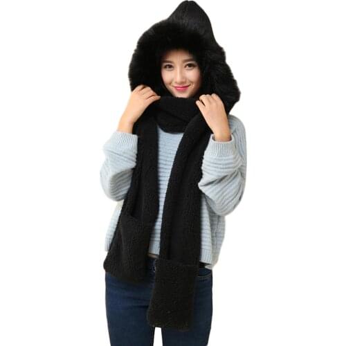 Cute Plush Hooded Scarf Hat Pocket Gloves 3 in 1 Warm for Women Winter Outdoor -MX8