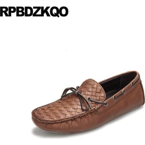 Genuine leather real flats boat shoes men driving soft soled woven luxury spring slip on braided british style brown loafers