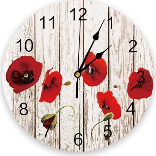 Vintage Wooden Texture Red Poppy Flower Wall Clock Modern Design Clocks Wall Hanging Home Decor Living Room Round Wall Clocks
