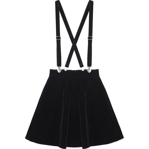 Spring Autumn New WomenS Skirt Lolita Harajuku Gothic Velvet Punk Love Clip Strap Skirt For Female Ladies Mini Skirts Black