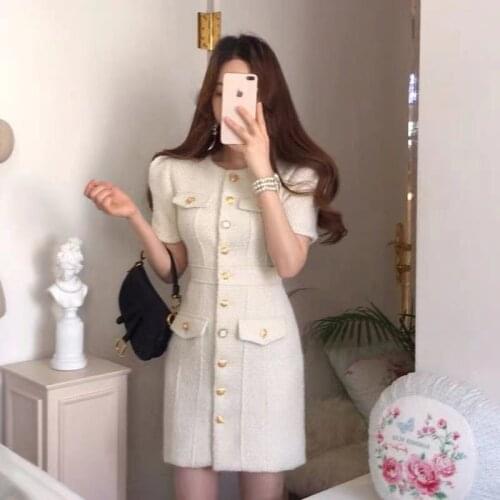 Elegant Bodycorn Dress Women O-Neck Short Sleeve Casual Vintage Luxury Mini Dress Chic Single Breasted Party Dress Office C614