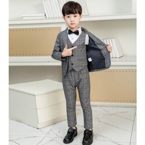2020 Tweed Grey Plaid Boy Suit 3 Pieces Set Slim Fit Children Prom Wedding Suits Blazer Kid Tuxedo for Wedding Jacket Pants Vest