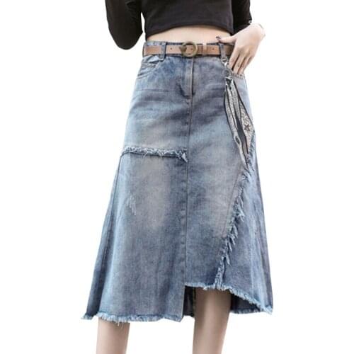 40GC Womens High Waist Fringe Frayed Midi Long Denim Jean Skirt Irregular Asymmetrical Hem A-Line Casual Loose Streetwear