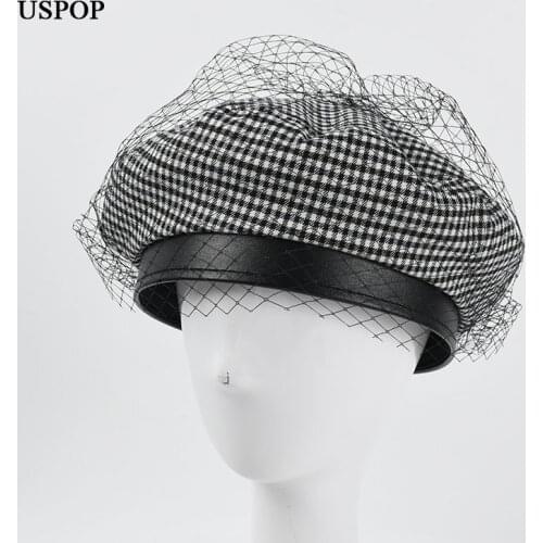USPOP 2021 New Cotton Womens Berets Winter Plaid Mesh Yarn Berets