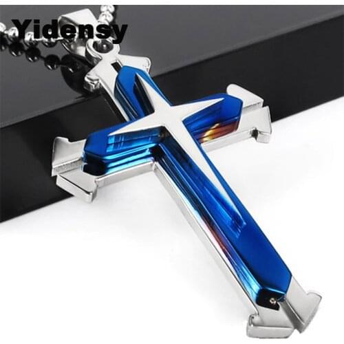 Yidensy Newest Cross Necklaces Unisex Men Man Blue Black Silver Color Stainless Steel Chain Pendant Necklace