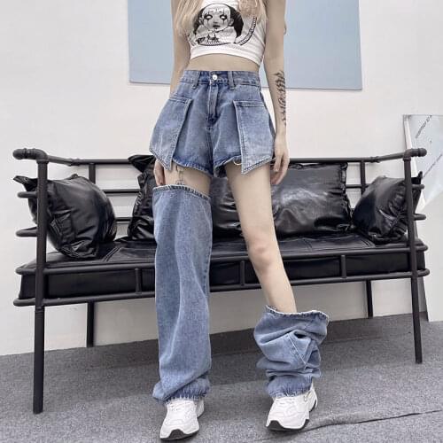 New summer ins Harajuku style high street hollow personality detachable trousers jeans womens wide-leg pants trendy women