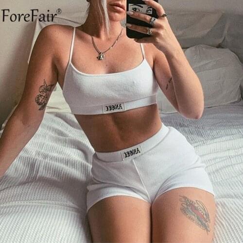 Forefair White Women Set Embroidery Backless Crop Top Spaghetti Strap And Mini Shorts Biker Sexy Outfit Party Two Piece Sets