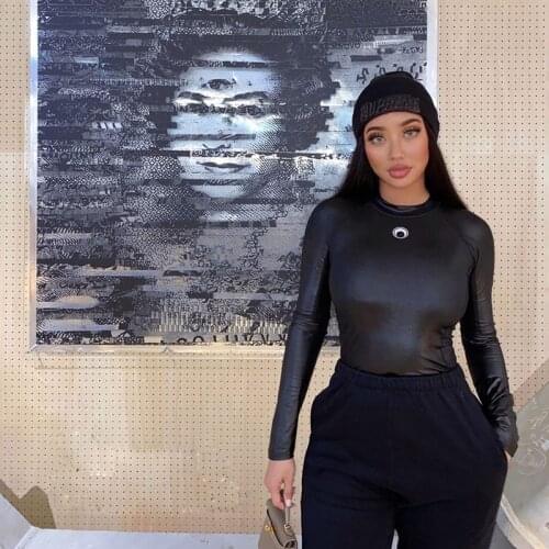 2-Color Crescent Print Small Stand-Up Collar Line Stitching High Elastic Gloss Fitness Long-Sleeved T-Shirt