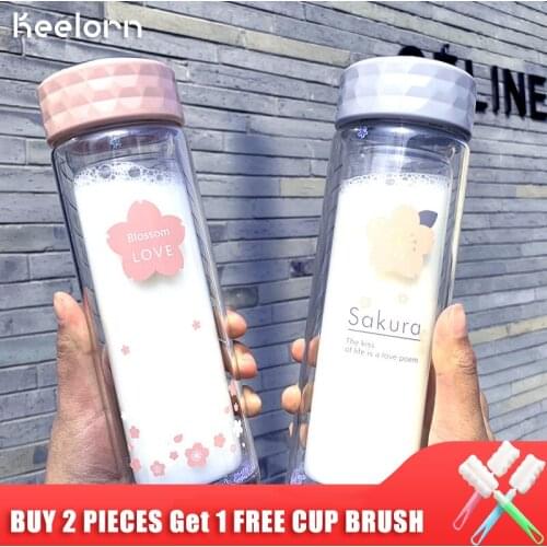 Keelorn 350ML Double Wall Glass Water Bottle Kids Leakproof Drinking Milk Bottles Kitchen Juice Container Kettle