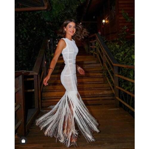 Tassel Vestido Formales Longo Bodycon Dress Tulle See Through White Long Zipper Back Party Festival Clothing Outfits for Women