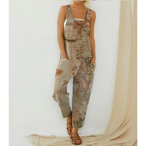Puloru Casual Flowers Letter Print Jumpsuit Summer Women Sleeveless Straps Romper Fashion Loose Jumpsuit with Pockets XXL