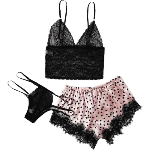 3Pcs Female Erotic Lingerie Lace Suit Bow Polka Dot Shorts Deep V-neck Adjustable Shoulder Strap Cami G-String Summer Clothing