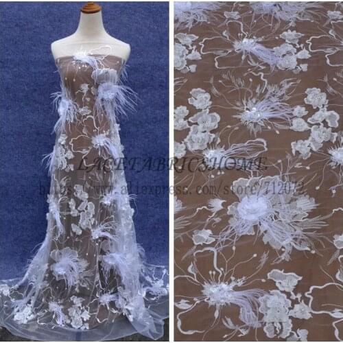 La Belleza 1 yard New Off white Handmade 3D flowers pearls feather wedding dress lace fabric 51'' width 1 yard