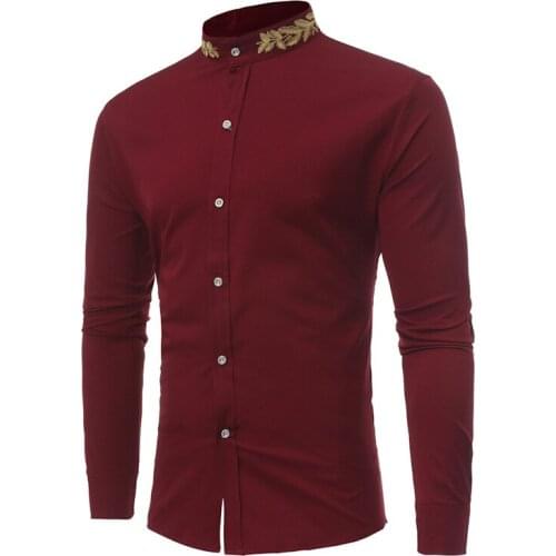 Mens Gold Embroidery Dress Shirts 2020 Brand Stand Collar Men Slim Fit Shirt Casual Long Sleeve Male Social Shirt Chemise Homme