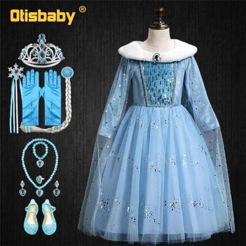 Winter Halloween Childrens Fantasia Plush Lapel Snow Queen Elsa Princess Dress Up Christmas Long Sleeve Elegant Girls Costume