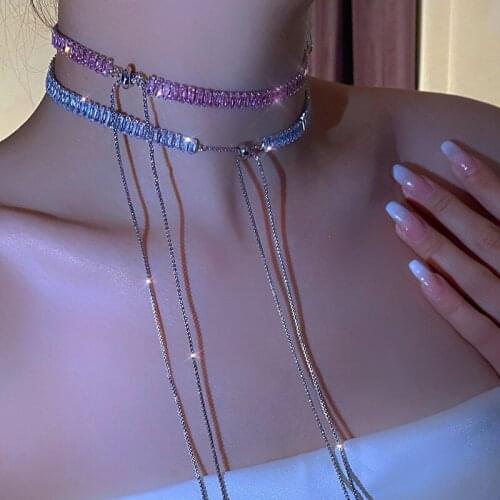 Origin Summer Bling Bling Cubic Zircon Chokers Necklace for Women Long Tassel Pink Blue Metal Chain Adjustable Necklace Jewelry