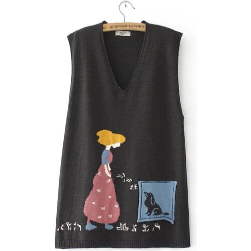 2020 Autumn Sweater Loose V Neck Knitted Vest Cartoon Design Pullover Sleeveless Winter Vest Female Womens Oversize Sweate