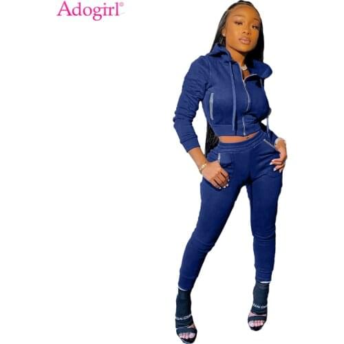 Adogirl Diamonds Pockets Women Two Piece Set Tracksuit Long Sleeve Zipper Hooded Sweatshirts Crop Top Pencil Pants Jogging Suit