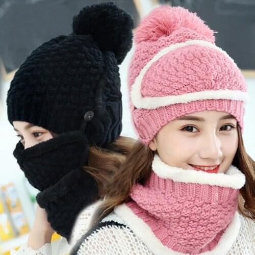 Warm knitted woolen hats, womens outdoor cycling and cashmere hats, bib suit Hat Female Riding Bib Knitted Hats Sets