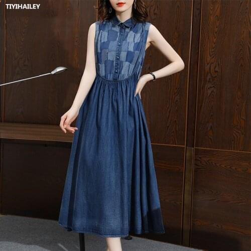 TIYIHAILEY 2021 New Free Shipping Vintage Women Long Mid-Calf Summer Denim S-XL Sleeveless Dress Turn Down Collar High Waist