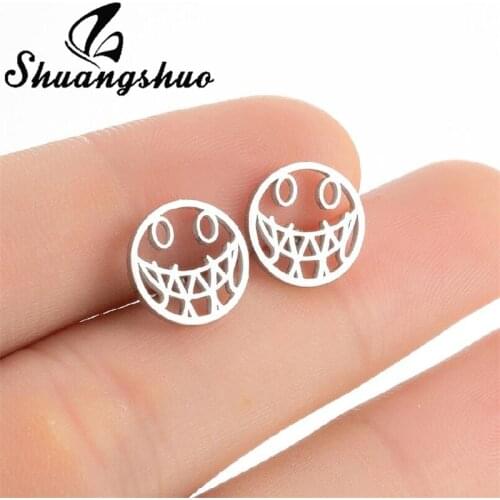 Shuangshuo Unique Fashion Smiley Face Expression 2021 Trend Round Hollow Smile Earrings for Women Simple Stainless Steel Jewelry
