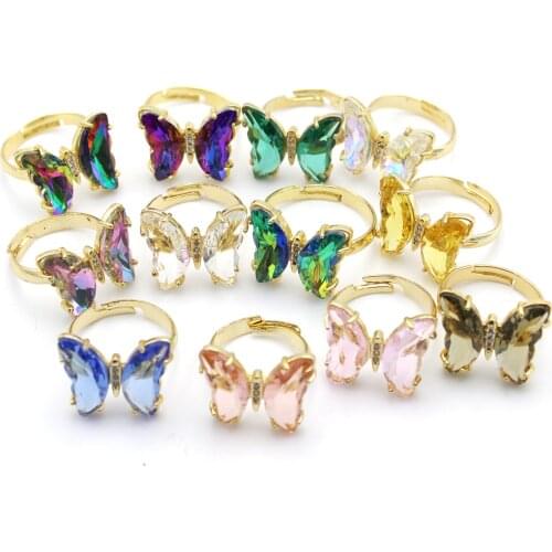 Womens glass crystal butterfly ring, fashionable and versatile, gold cocktail ring, adjustable, adjustable size, jewelry gifts