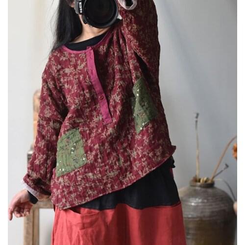 Johnature Vintage Blouse Women Clothes 2021 New Spring Shirt Patchwork O-neck Button Print Panelled Leisure Loose Ladies Tops