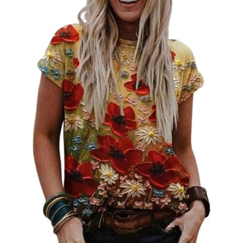Womens t-shirts Short Sleeve Womens t-shirts Skin-friendly Polyester Flower Print Tops for Summer Short Sleeve T-Shirts 2021