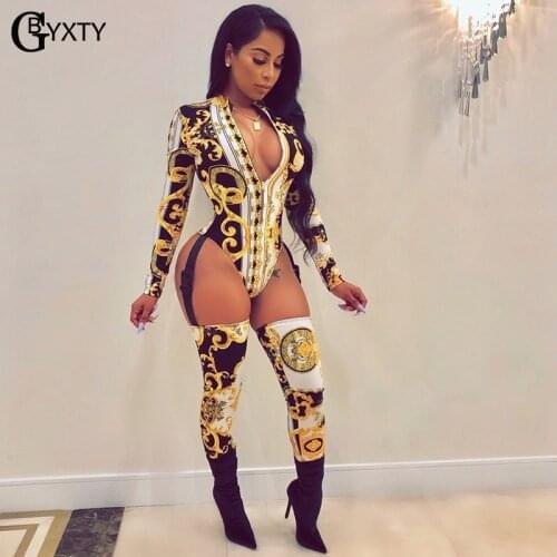 GBYXTY Sexy Front Zipper Print Hollow Out Buckle Jumpuit Women Long Slevee Bodycon Night Club One Piece Outfit Jumpsuit ZL1248