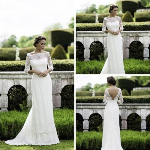 Vestidos De Novias Elegant Lace Wedding Dress with Sleeves 3/4 High Neck White V Back 2016 Long Robe De Mariage Party