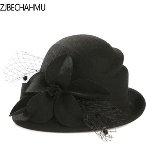 ZJBECHAHMU Fashion New Solid Vintage Elegant Floral Wool Fedoras For Women Girl Wedding hat Casual jazz hat Panama Sombrero Cap