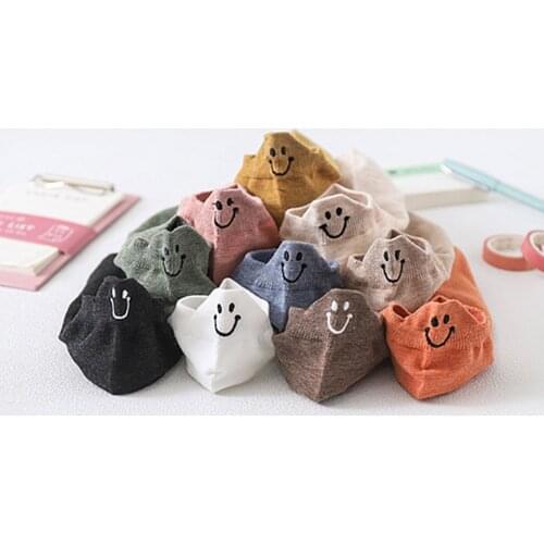 10 Pairs Smiling Face Women Socks Japanese Spring Summer Lovely Personality Heel Embroidered Lovers Solid Cotton Ankle Socks