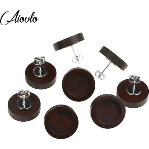20pcs/lot Brown Blank Wood Cabochon Earring Base Stainless Steel Post Stud Earrings Settings Fit 12mm for Diy Jewelry Findings