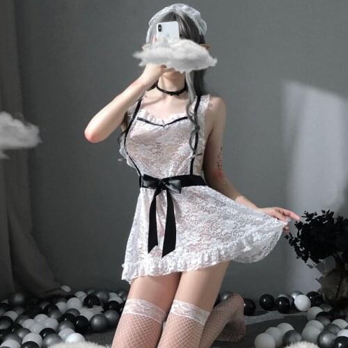2021 Europe and The United States Sexy See-through Lace Apron Maid Cosplay Uniform Temptation Partner Nightdress Set