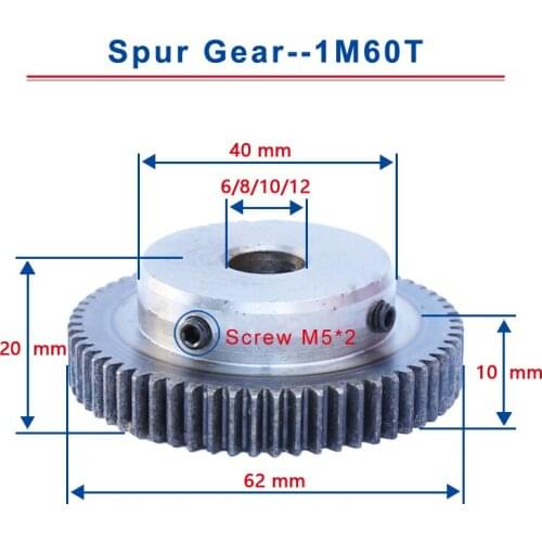 1 Piece 1M60T Spur Gear Bore Size 6 / 8 / 10 / 12 mm Motor Gear Low Carbon Steel Material High Quality Metal Gear For Motor