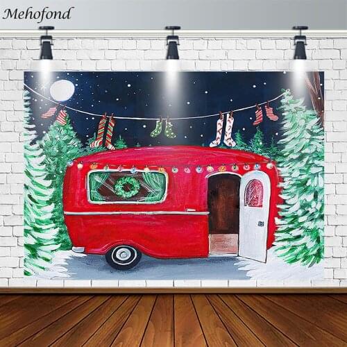Mehofond Merry Christmas Backdrop Snowfiled Red Bus Christmas Stocking Tress Decor Photography Background Prop Banner Photozone
