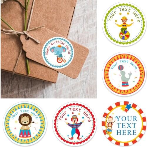 Personalised Baby Shower Stickers Custom Sticker Cartoon Animal Kids Circus Elephant Lion Monkey Dolphin Stickers Party Favor