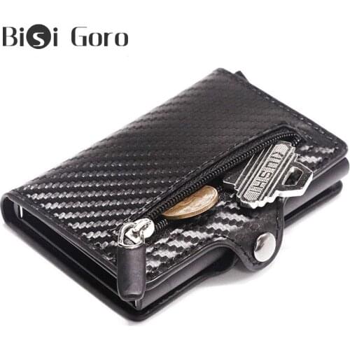 BISI GORO RFID Button Double Protection Vintage Carbon Fiber Wallet Men Slim Mini Wallet Metal Aluminum Business ID Card Case